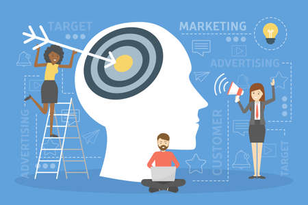 Advertising and marketing concept. Target in the head of human as metaphor of communication with...