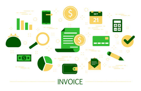 Invoice concept. Idea of digital payment document and bill. Finance service. Pay tax and credit. Set of colorful icons. Isolated flat vector illustrationのイラスト素材