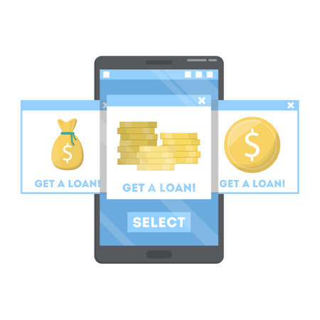 Get a loan online. Website with online bank on smartphone. Searching for the best web page. Pay...