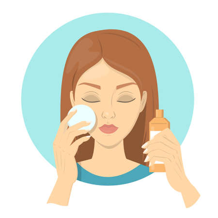 Woman use moisturizer for her face. Facial cosmetic and skin care. Idea of beauty and cleansing routine. Skin hygiene. Isolated flat vector illustrationのイラスト素材