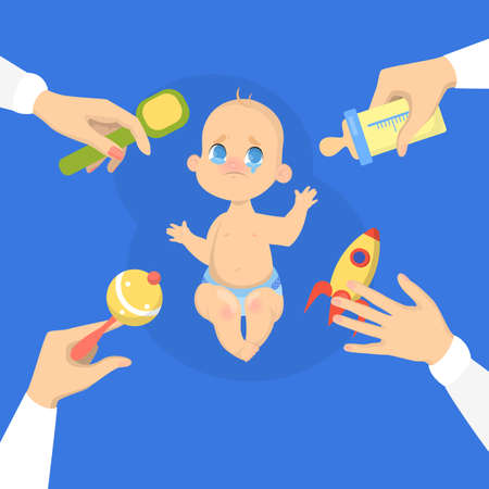 Cute baby boy cry loud. Sad child with arms around. Face emotion with tears. Isolated vector illustration in cartoon styleのイラスト素材