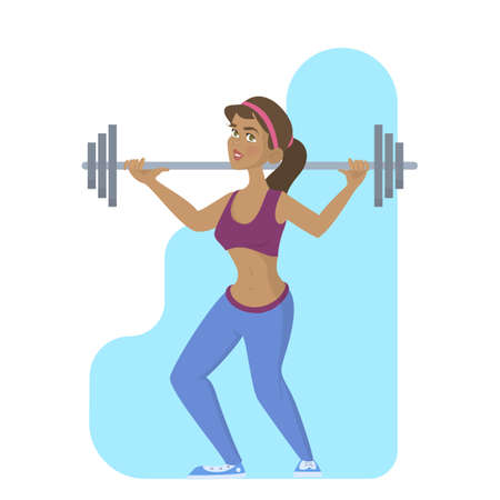 Female character doing sport exercise with barbell in the gym. Workout for slim body. Active lifestyle. Isolated flat vector illustrationのイラスト素材