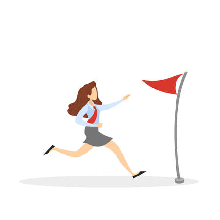Businesswoman run to the business goal. Idea of success and achievement. Red target flag on the way. Vector illustration in cartoon styleのイラスト素材