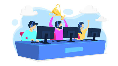 Cybersport player team or gamer sitting at computer pc monitor with trophy cup. Playing game in...