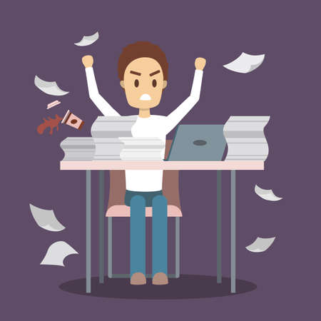 Man work late at night. Tired angry office character at the workplace. Idea of deadline. Flat vector illustrationのイラスト素材