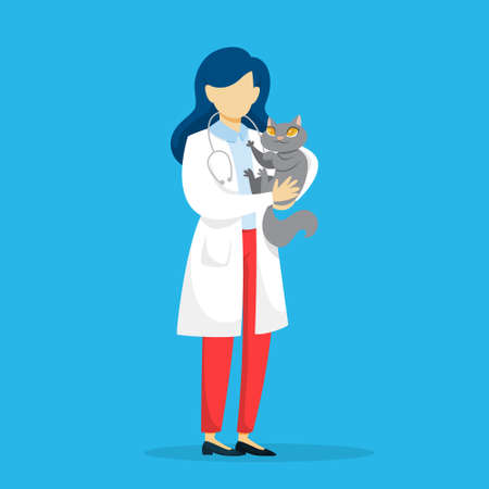 Veterinarian in uniform holding a pet cat. Medical specialist with animal. Occupation in medicine. Isolated vector flat illustrationのイラスト素材