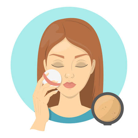 Woman applying face powder for perfect makeup. Beautiful girl care about skin and use sponge for cosmetic. Isolated vector illustration in cartoon styleのイラスト素材