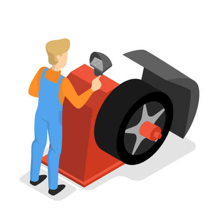 Car service. People repair and inflate tire. Mechanic in uniform fix. Automobile diagnostic in workshop. Isolated vector isometric illustrationのイラスト素材