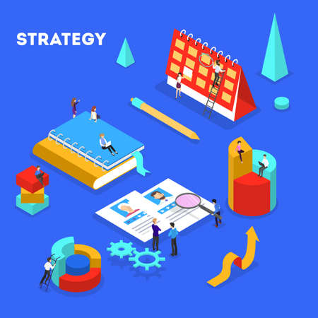Business concept. Idea of strategy and achievement in teamwork. Brainstorm and training. Isolated vector isometric illustrationのイラスト素材