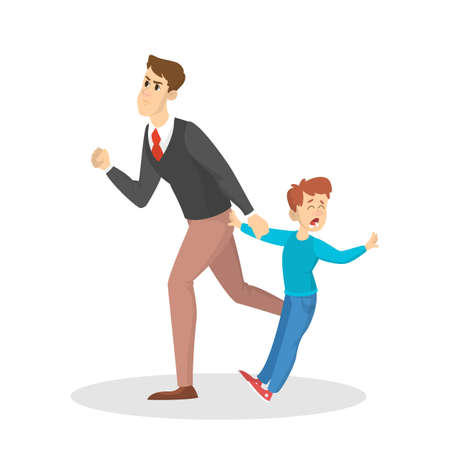 Angry parent and young child. Conflict in the family. Furious father in anger. Punishment from parent. Vector illustration in cartoon styleのイラスト素材