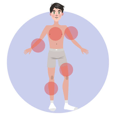 Man choose place on the body for tattoo. Making difficult choice. Finding creative sketch. Isolated flat vector illustrationのイラスト素材