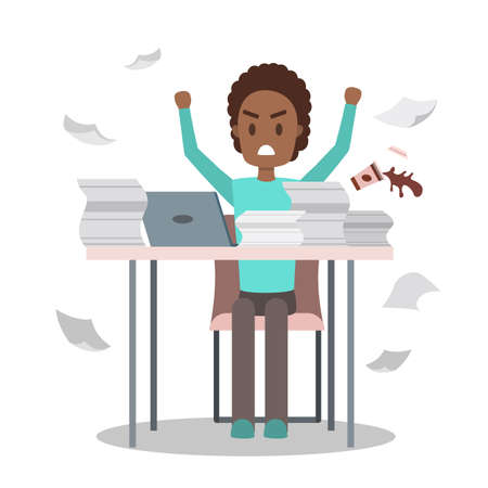 Man work late at night. Tired angry office character at the workplace. Idea of deadline. Flat vector illustrationのイラスト素材