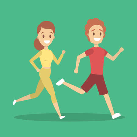 Couple of jogger run together. Sport training and exercise for health. Idea of active lifestyle. Flat vector illustrationのイラスト素材