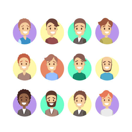 Portrait of different character set. Collection of face avatar with various hairstyle. Man head. Isolated flat vector illustrationのイラスト素材