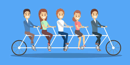 Business team ride on tandem bicycle. Idea of teamwork and cooperation. Group of people on the race. Vector flat illustrationのイラスト素材