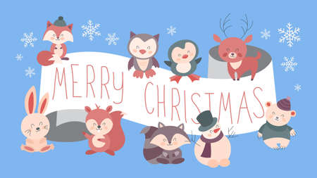 Cute funny merry xmas postcard decoration. Greeting card Merry Christmas with animal Beautiful design. Vector illustration in cartoon styleのイラスト素材