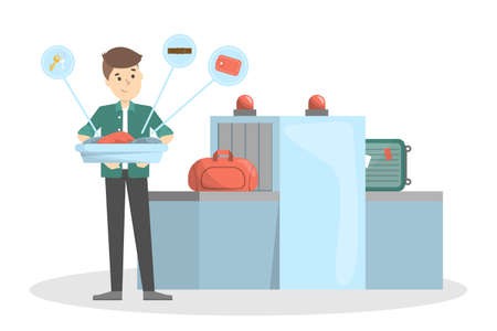 Man standing in airport at conveyor belt. Baggage security scan control. Vector flat illustrationのイラスト素材