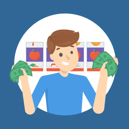 Gambling addiction concept. Man spend a lot of money in casino. Online poker and risk. Flat vector illustrationのイラスト素材