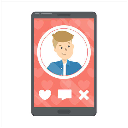 Online dating app. Mobile phone with male person on the screen. Sending heart to a guy and asking for a date. Searching for romantic relationship. Isolated flat vector illustrationのイラスト素材