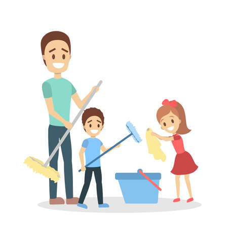 Man clean home and doing housework with children. Father doing everyday domestic routine and kids help him. Isolated flat vector illustrationのイラスト素材