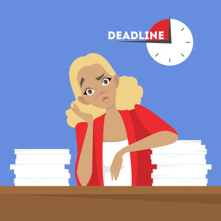 Woman at the desk with pile of document. Tired worker in stress. Idea of deadline. Isolated vector illustration in cartoon styleのイラスト素材