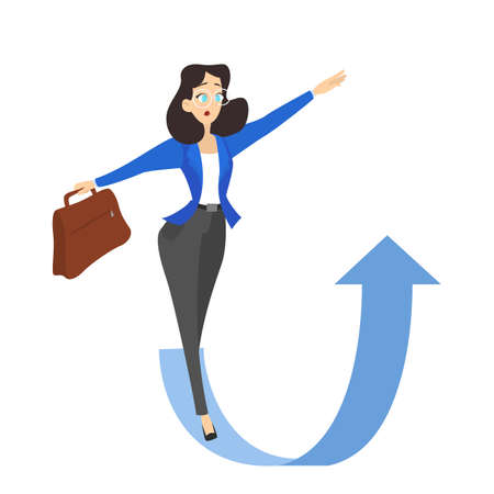 Woman on the arrow pointing up. Idea of growth and progress. Business character climb to successful life. Isolated flat vector illustrationのイラスト素材