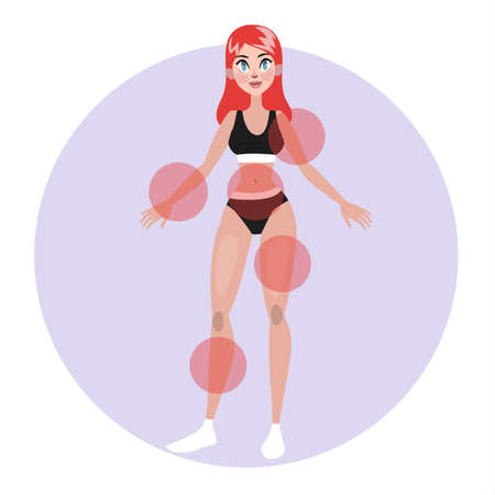 Woman choose place on the body for tattoo. Making difficult choice. Finding creative sketch. Isolated flat vector illustrationのイラスト素材