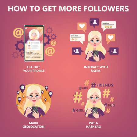 How to get many follower guide for people who want to be popular. Internet feedback, like and share. Life in social media. Isolated flat vector illustrationのイラスト素材
