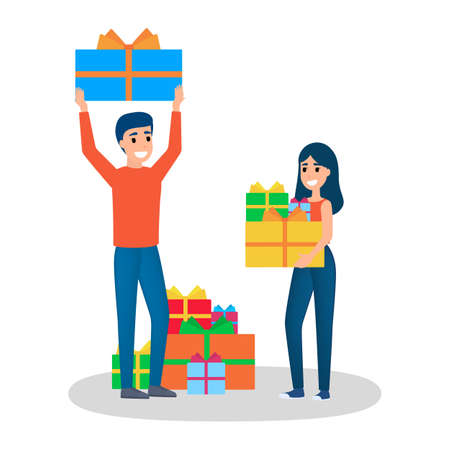 People buy gift on big sale. Happy woman with gift boxes around. Person with pile of present. Satisfied customer. Isolated flat vector illustrationのイラスト素材