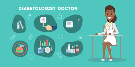 Diabetic treatment and sugar control infographic. Diabetes prevention and diagnostic. Vector illustration in cartoon styleのイラスト素材