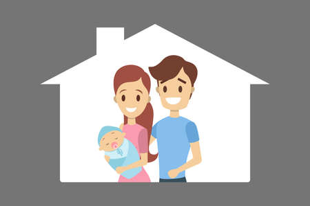 Happy young dad and mom holding baby. Family with newborn child. Cute couple standing together. Isolated flat vector illustrationのイラスト素材