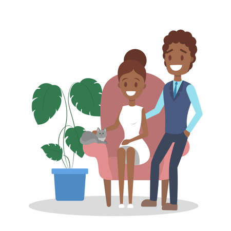 Man and woman sit in armchair in comfort and holding cat. Cozy place at home. Isolated vector illustration in cartoon styleのイラスト素材