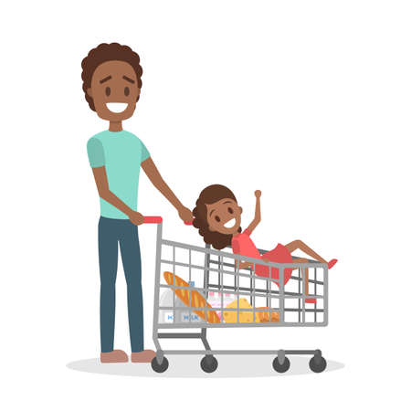 Father and daughter going with shopping cart with food inside. Walking home from supermarket. Idea of shopping. Flat vector illustration.のイラスト素材