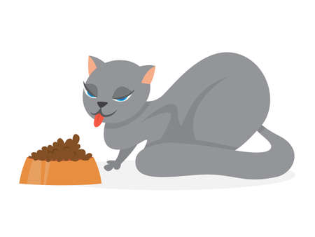 Cute funny cat sitting and eating. Adorable pet having fun. Cute kitten. Isolated vector illustration in cartoon styleのイラスト素材