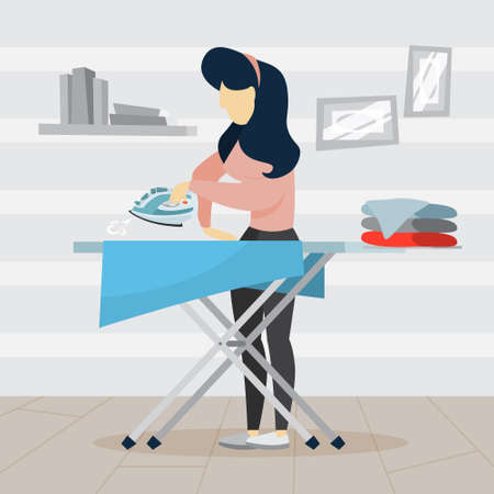 Woman iron clothes on ironing board. Idea of domestic work and laundry. Housework concept. Flat vector illustrationのイラスト素材
