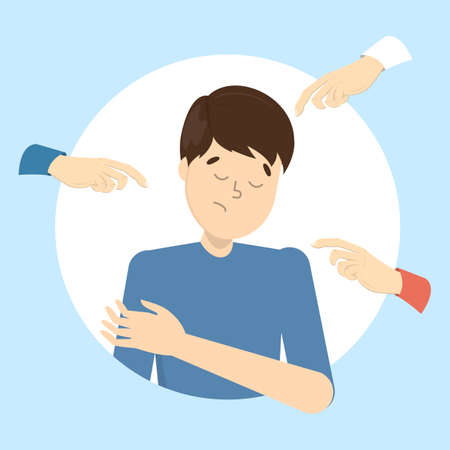 People blame guy. Guilt and shame. Sad male character with hands around pointing at him. Ashamed man. Flat vector illustrationのイラスト素材