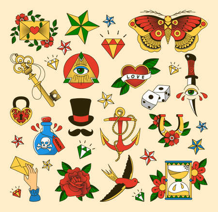 Set of tattoo in old school style. Vintage retro rose and knife, love and diamond. Ink flower with envelope. Isolated flat vector illustrationのイラスト素材