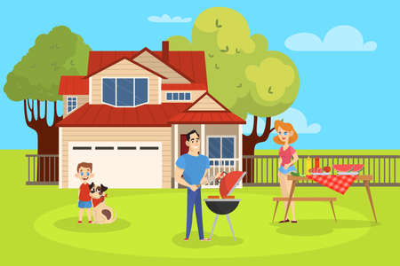 Family on BBQ party on the backyard of the house smiling and eating. Cooking tasty barbeque on grill. Vector illustration in cartoon styleのイラスト素材