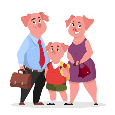 Happy pig family in clothes. Mother, father and child. Cute funny pink character with piglet. Isolated vector illustration in cartoon styleのイラスト素材