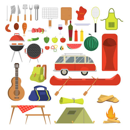 Barbeque set. Collection of equipment for bbq and camping. Pepper, sausage and meat, picnic table and chair. Family weekend outdoor. Vector illustration in cartoon styleのイラスト素材