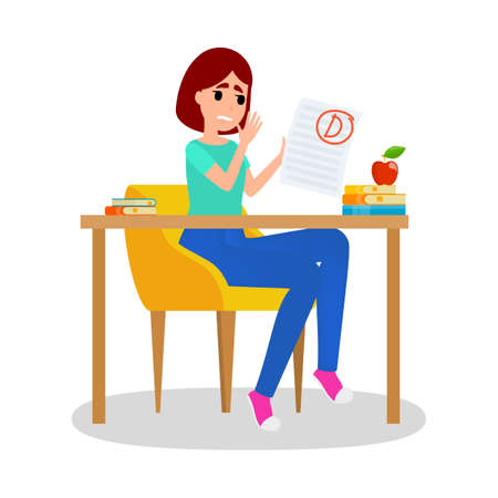 Girl holding paper sheet with grade on it. Girl sitting at the desk with grade D. Idea of education and learning. Sad female with bad grade. Isolated flat vector illustrationのイラスト素材