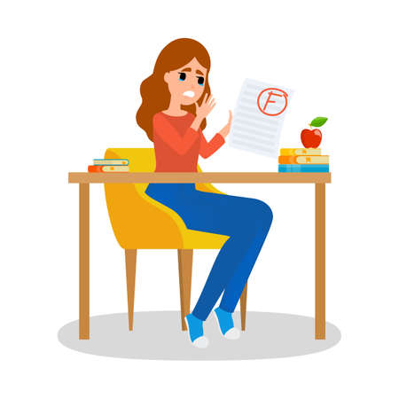 Girl holding paper sheet with grade on it. Girl sitting at the desk with grade F. Idea of education and learning. Sad female with bad grade. Isolated flat vector illustrationのイラスト素材