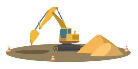 Big yellow excavator. Ground works. Equipment for construction works. Isolated flat vector illustrationのイラスト素材