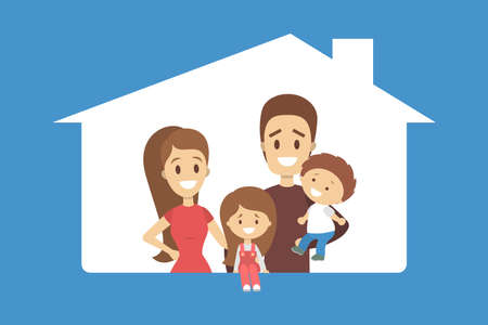 Happy young dad and mom holding baby. Family with children. Cute couple standing together. Isolated flat vector illustrationのイラスト素材