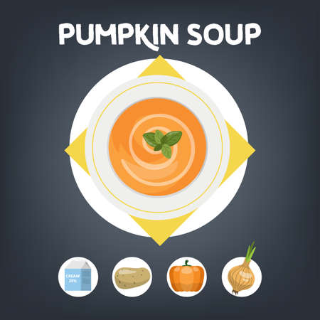 Pumpkin soup recipe for cooking at home. Ingredients for meal and ready dish. Onion and potato. Homemade dinner or lunch. Flat vector illustrationのイラスト素材