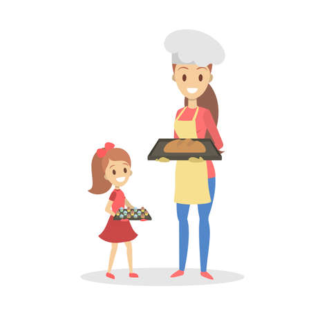 Mother in apron and daughter cooking at home. Homemade bakery. Bread and cupcake. Family activity. Flat vector illustration.のイラスト素材
