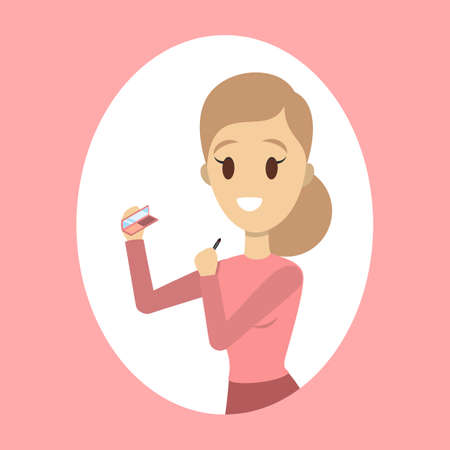 Woman applying face blush for perfect makeup. Beautiful girl care about skin and use bursh for cosmetic. Isolated vector illustration in cartoon styleのイラスト素材