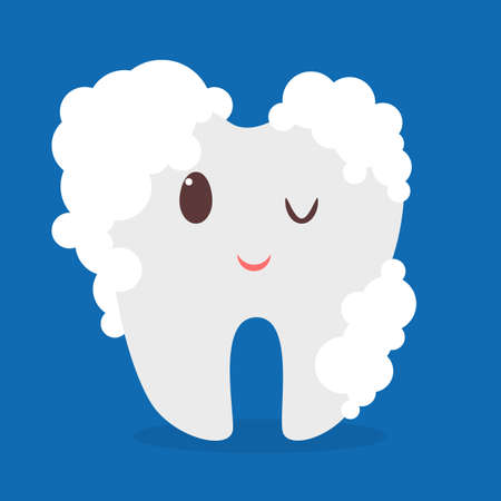 Happy tooth character with toothpaste foam. Idea of dental and oral care. White molar. Isolated flat vector illustrationのイラスト素材
