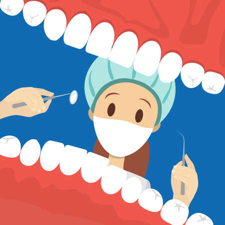 Dentist looking into open mouth of patient. Happy dentist day greeting card. Idea of oral care and teeth treatment. Isolated vector flat illustrationのイラスト素材