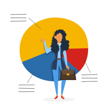 Woman stand at a big round diagram and work. Business worker with briefcase. Pie chart as metaphor of data analysis. Flat vector illustrationのイラスト素材